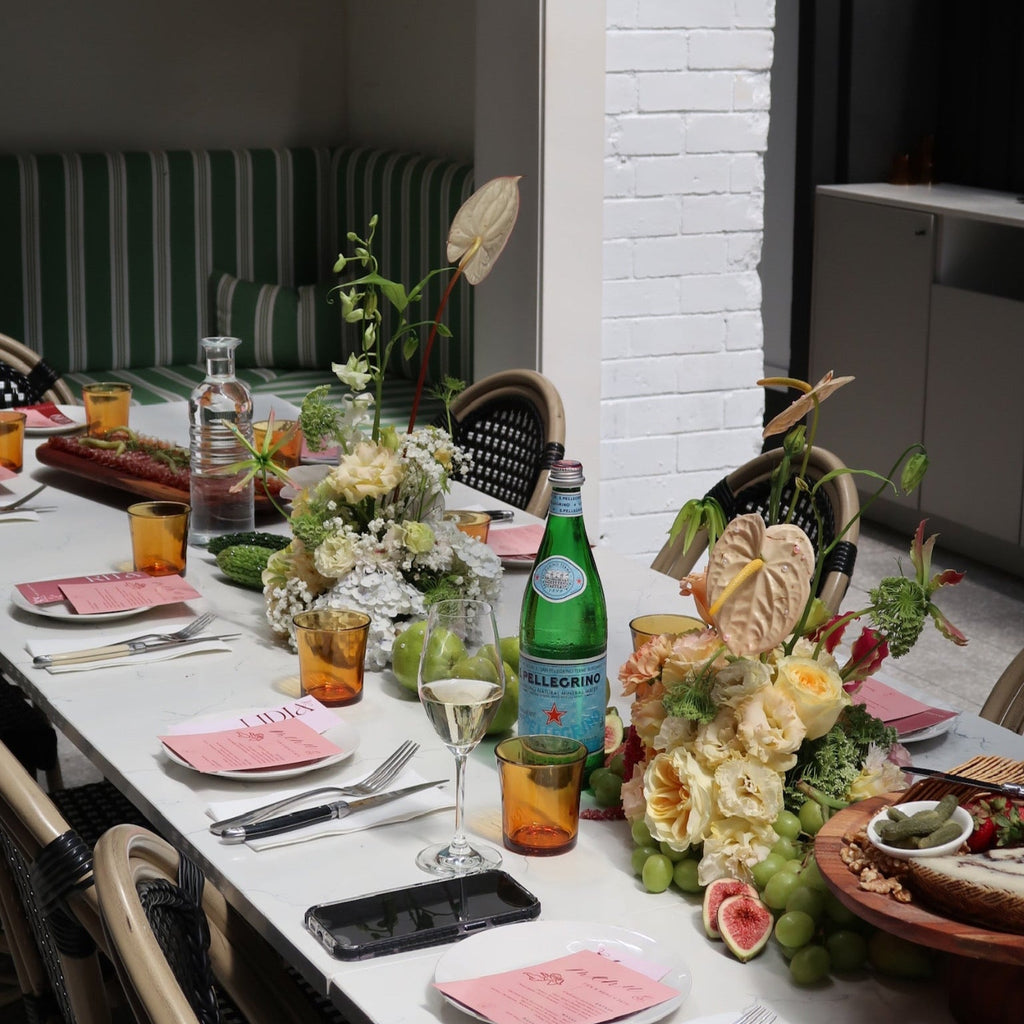 two small fruit floral clouds neutral in dinner setting